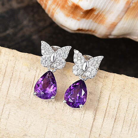 Natural Moroccan Amethyst & White Zircon Blooming Butterfly Stud Push Post Earring in Rhodium Overlay Sterling Silver 2.43 Ct.