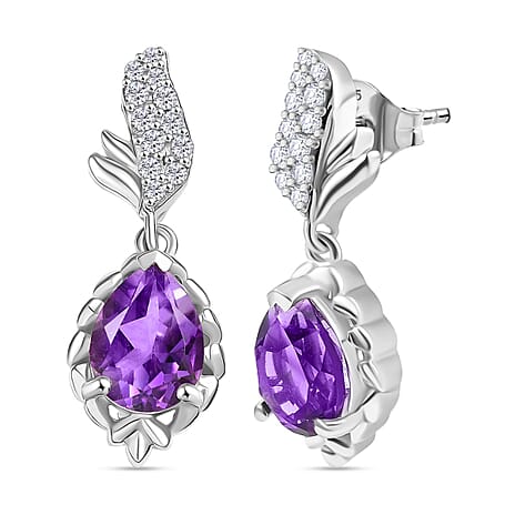 Natural Moroccan Amethyst & White Zircon Graceful Leaves Stud Push Post Earring in Rhodium Overlay Sterling Silver 2.34 Ct.