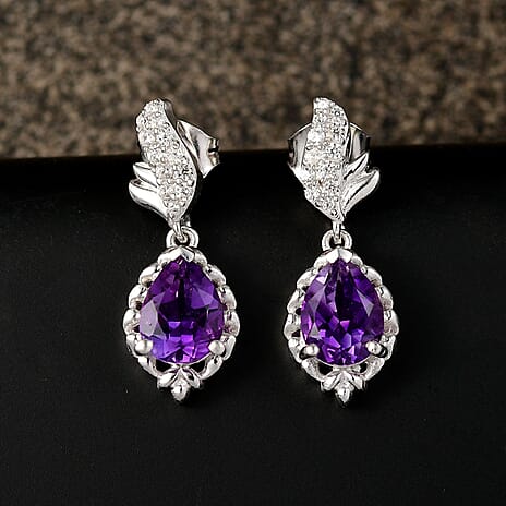 Natural Moroccan Amethyst & White Zircon Graceful Leaves Stud Push Post Earring in Rhodium Overlay Sterling Silver 2.34 Ct.