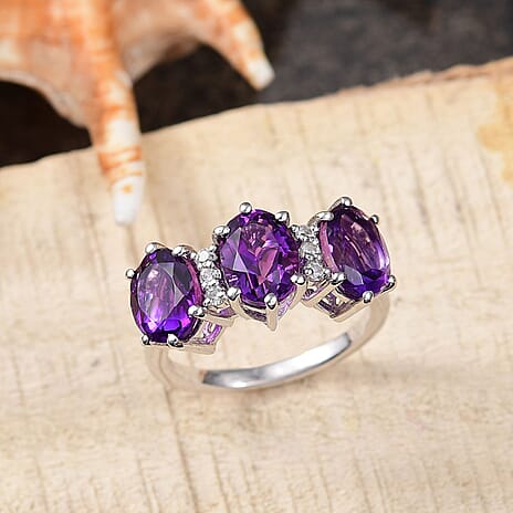 Natural Moroccan Amethyst & White Zircon Trio Bloom Ring in Rhodium Overlay Sterling Silver 3.65 Ct.