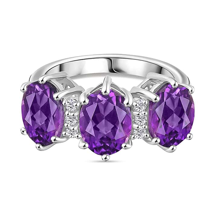 Natural Moroccan Amethyst & White Zircon Trio Bloom Ring in Rhodium Overlay Sterling Silver 3.65 Ct.