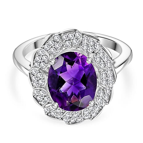 Natural Moroccan Amethyst & White Zircon Royal Blossom Ring in Rhodium Overlay Sterling Silver 3.01 Ct.