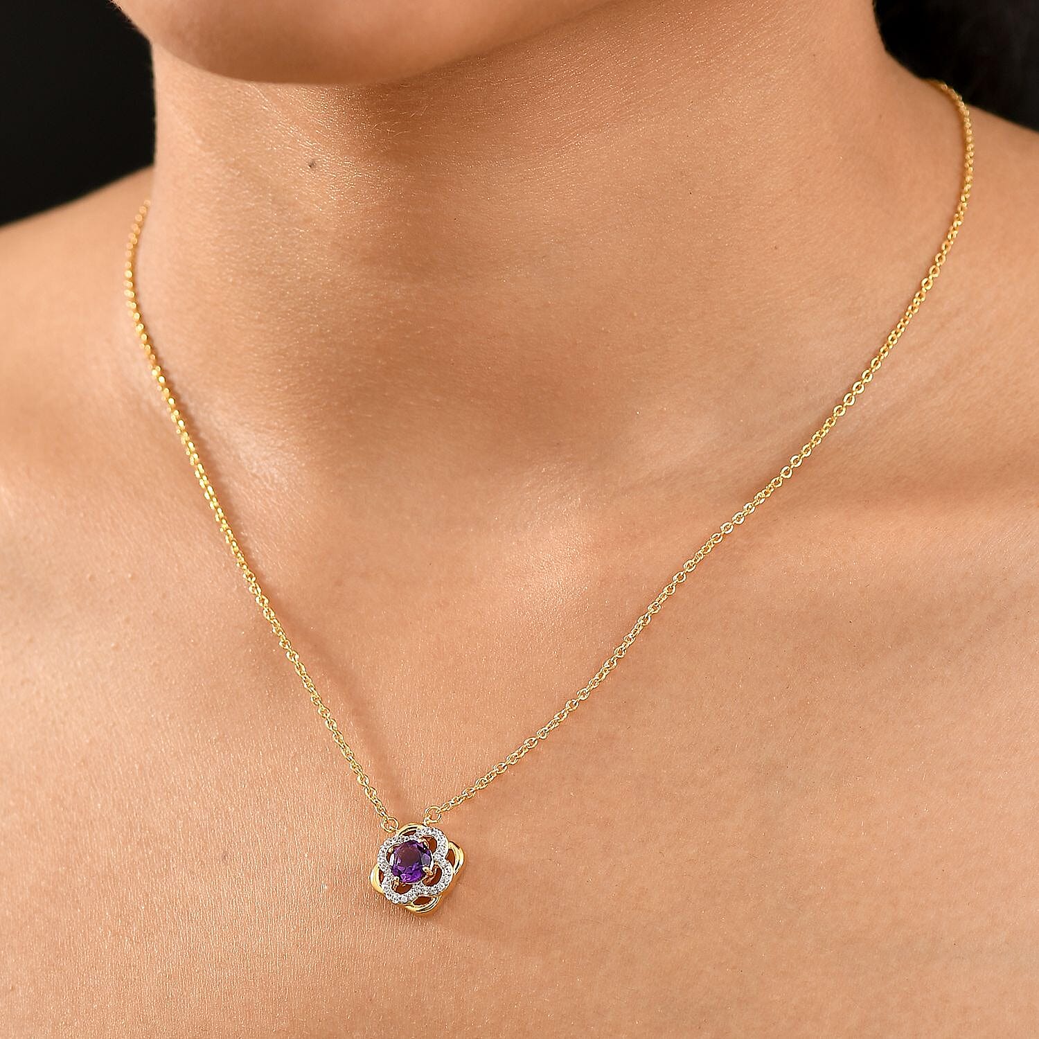 Natural Moroccan Amethyst & White Zircon Blooming Elegance  Necklace (Size - 20) in 18K Vermeil Yellow Gold Plated Sterling Silver 1.08 Ct.