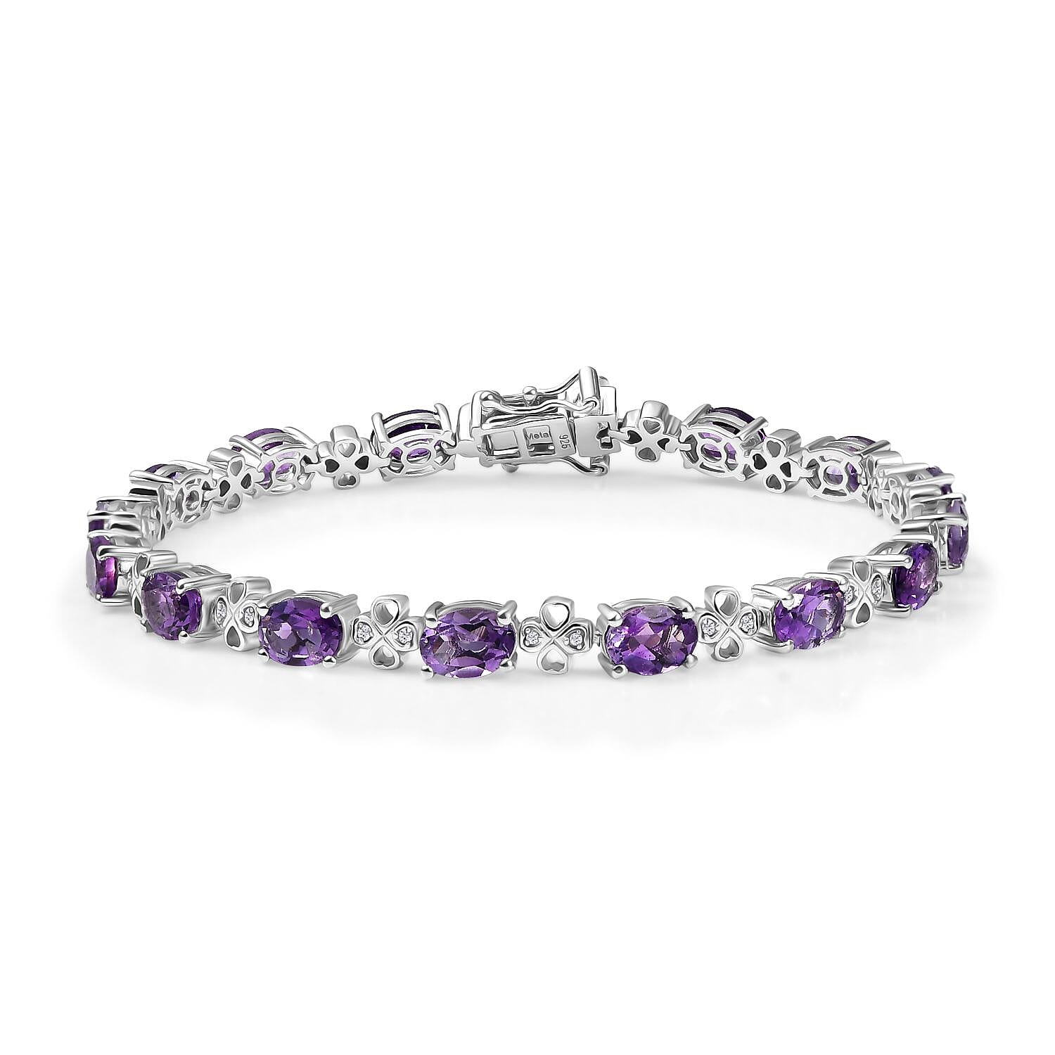 Moroccan Amethyst, White Zircon Linking Bracelet (Size - 8) in Rhodium OverlaySterling Silver, Silver Wt.12 Gms  11.424  Ct.