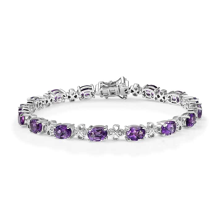 Moroccan Amethyst, White Zircon Linking Bracelet (Size - 8) in Rhodium OverlaySterling Silver, Silver Wt.12 Gms 11.424 Ct.