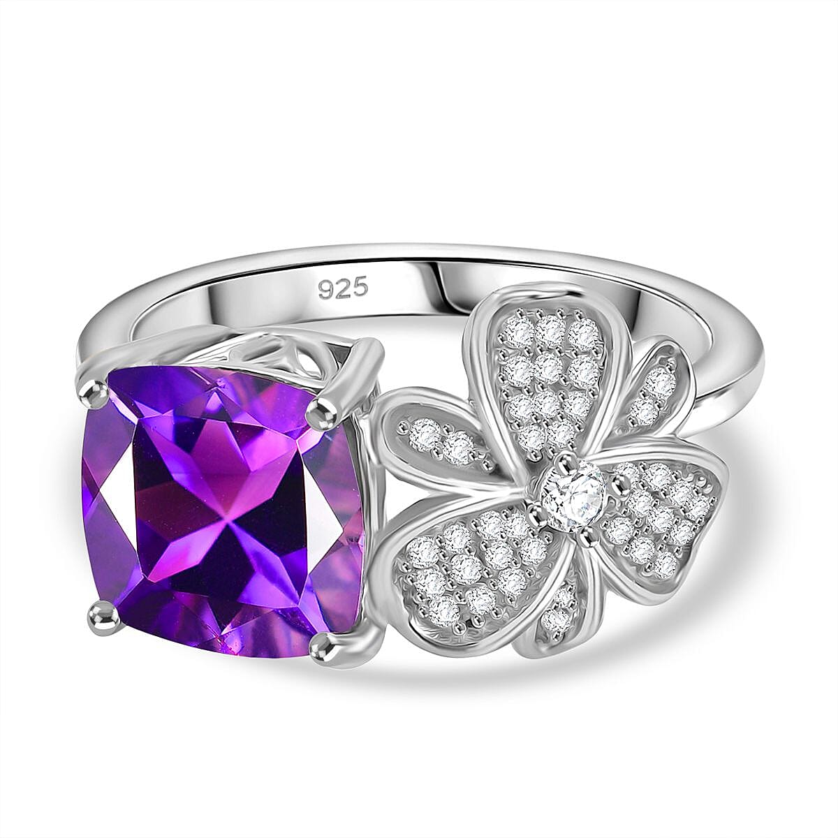 Natural Moroccan Amethyst & White Zircon Blossom Ring in Rhodium Overlay Sterling Silver 2.55 Ct.
