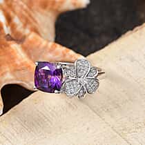 Natural Moroccan Amethyst, White Zircon Blossom Ring in Rhodium Overlay Sterling Silver 2.55 Ct.