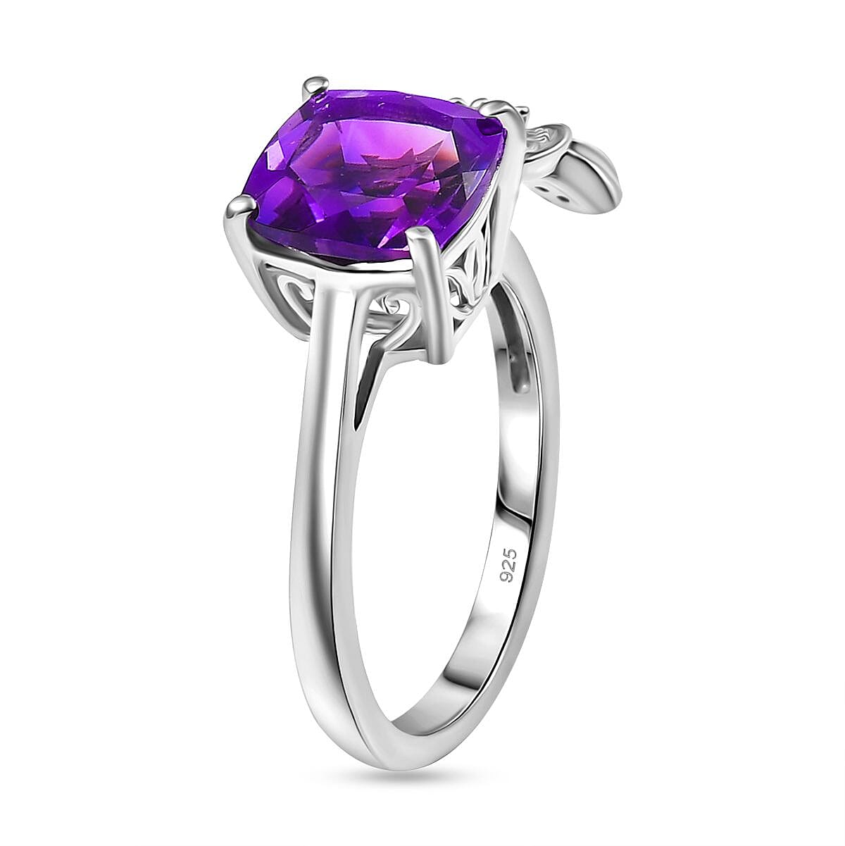 Natural Moroccan Amethyst & White Zircon Blossom Ring in Rhodium Overlay Sterling Silver 2.55 Ct.