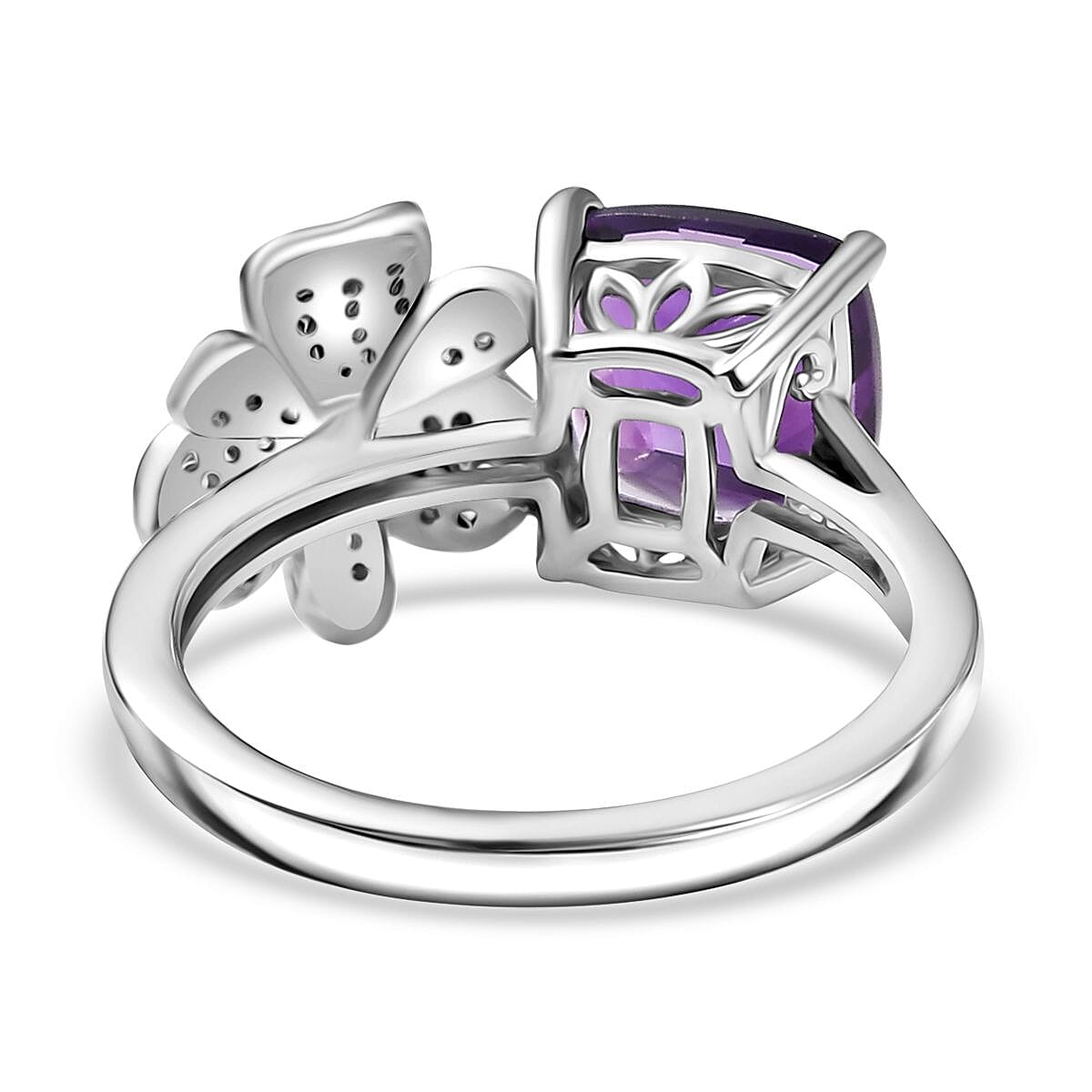 Natural Moroccan Amethyst & White Zircon Blossom Ring in Rhodium Overlay Sterling Silver 2.55 Ct.