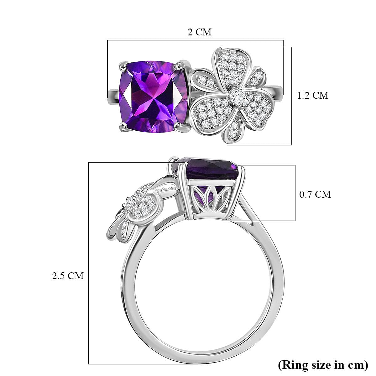 Natural Moroccan Amethyst & White Zircon Blossom Ring in Rhodium Overlay Sterling Silver 2.55 Ct.