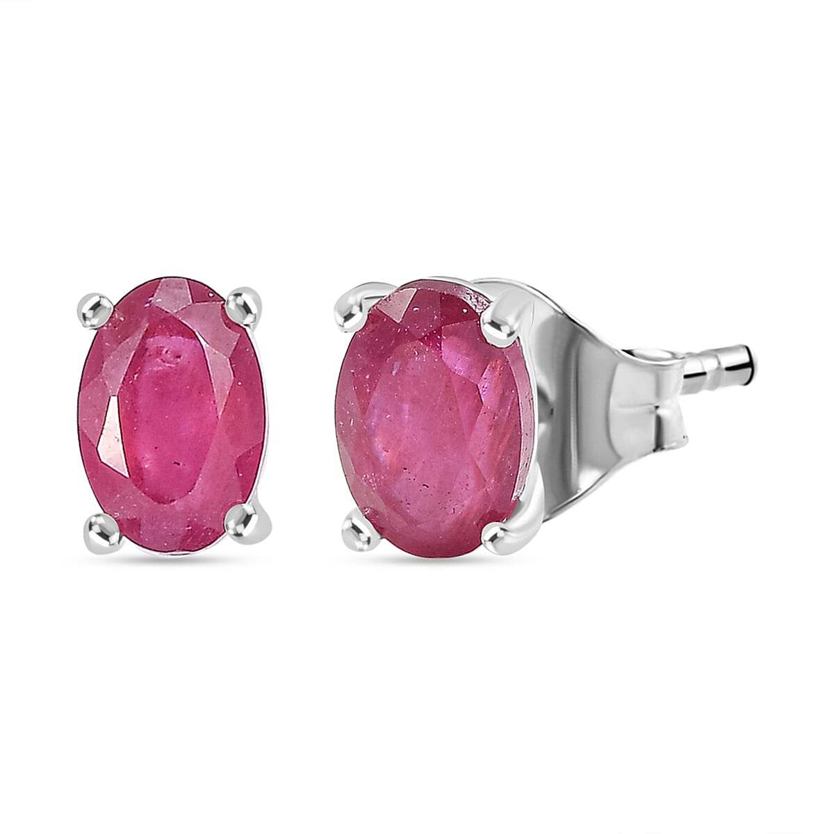 African Ruby Solitaire Stud Earrings in Sterling Silver 1.48 Ct.