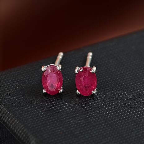 African Ruby Solitaire Stud Earrings in Sterling Silver 1.48 Ct.