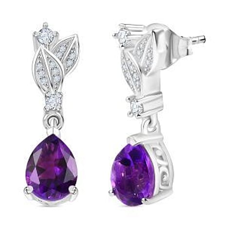 Natural Moroccan Amethyst & White Zircon Leaf Dew Stud Push Post Earring in Rhodium Overlay Sterling Silver 2.40 Ct.