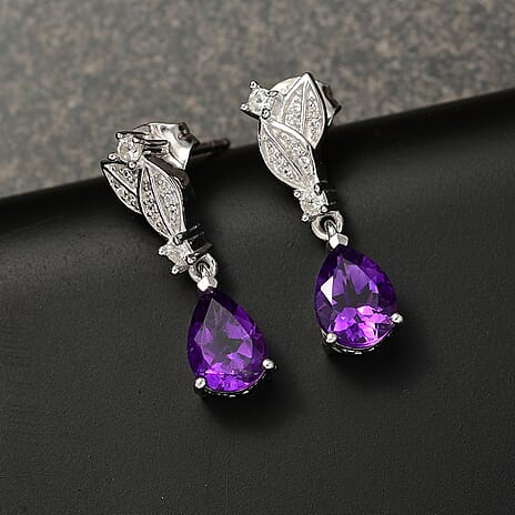Natural Moroccan Amethyst & White Zircon Leaf Dew Stud Push Post Earring in Rhodium Overlay Sterling Silver 2.40 Ct.