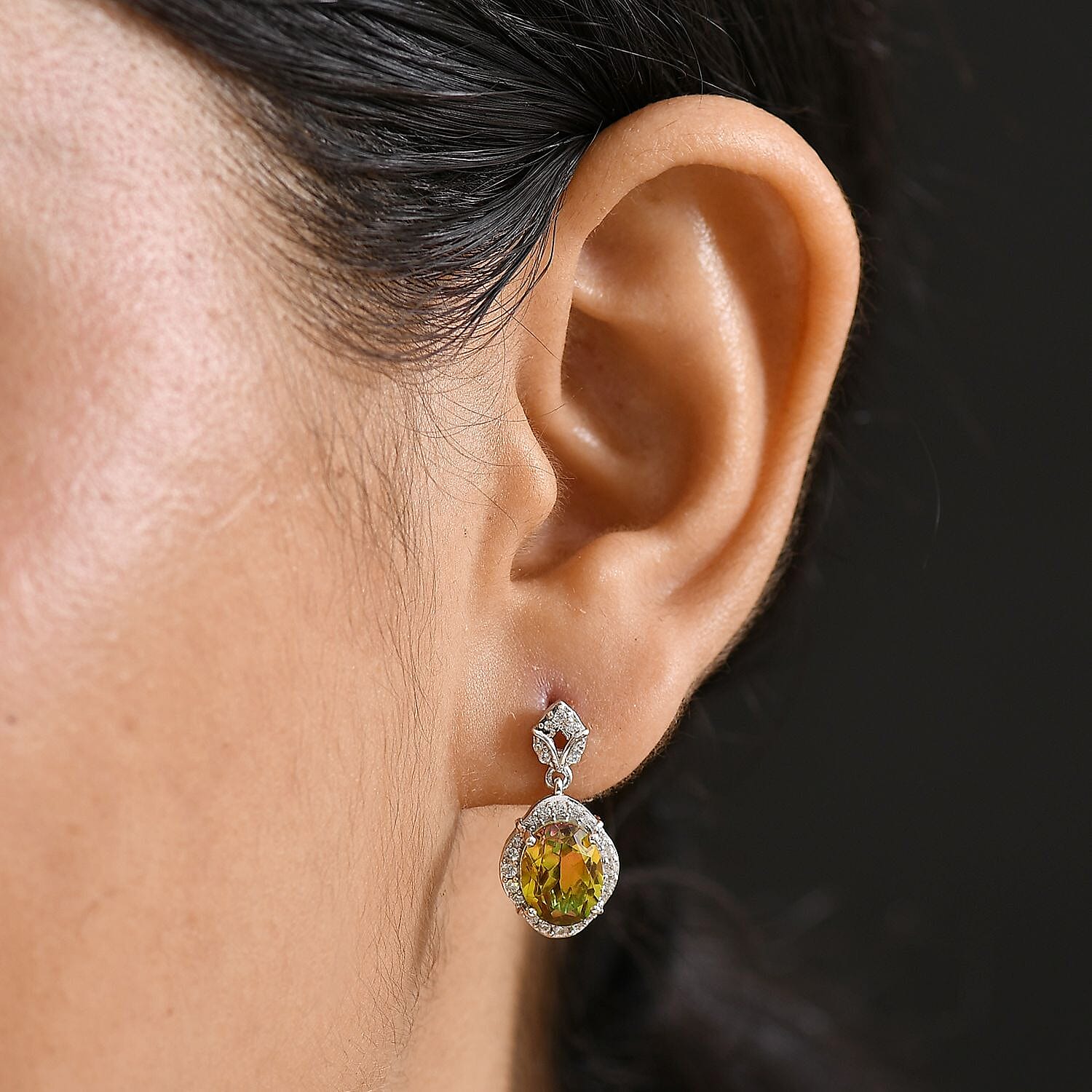 D'joy Rainbow Genesis Quartz & White Zircon Dangling Blossom Radiance Earring with Push Back in Rhodium Overlay Sterling Silver 4.69 Ct.