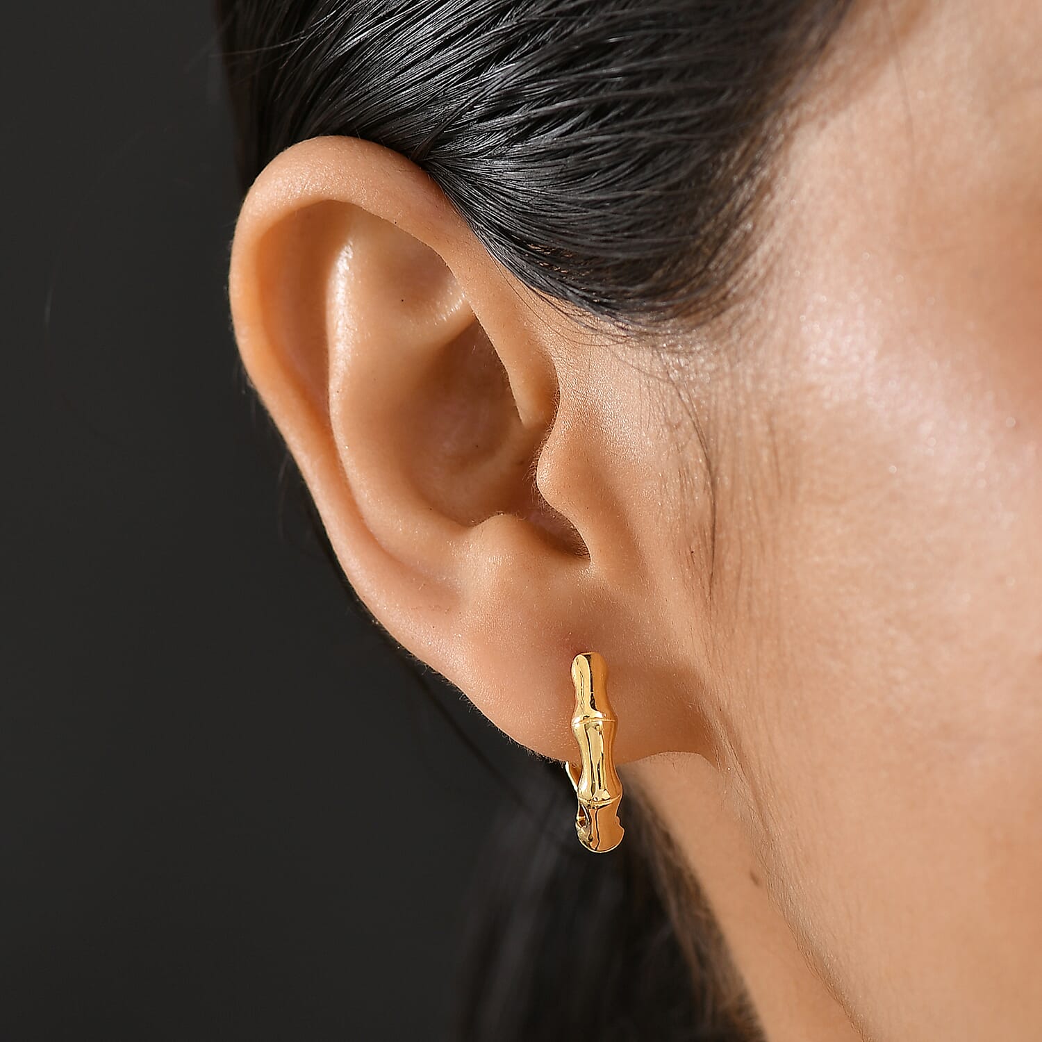Designer Inspired - Sterling Silver Bamboo Hoop Earring in Yellow Gold Plating