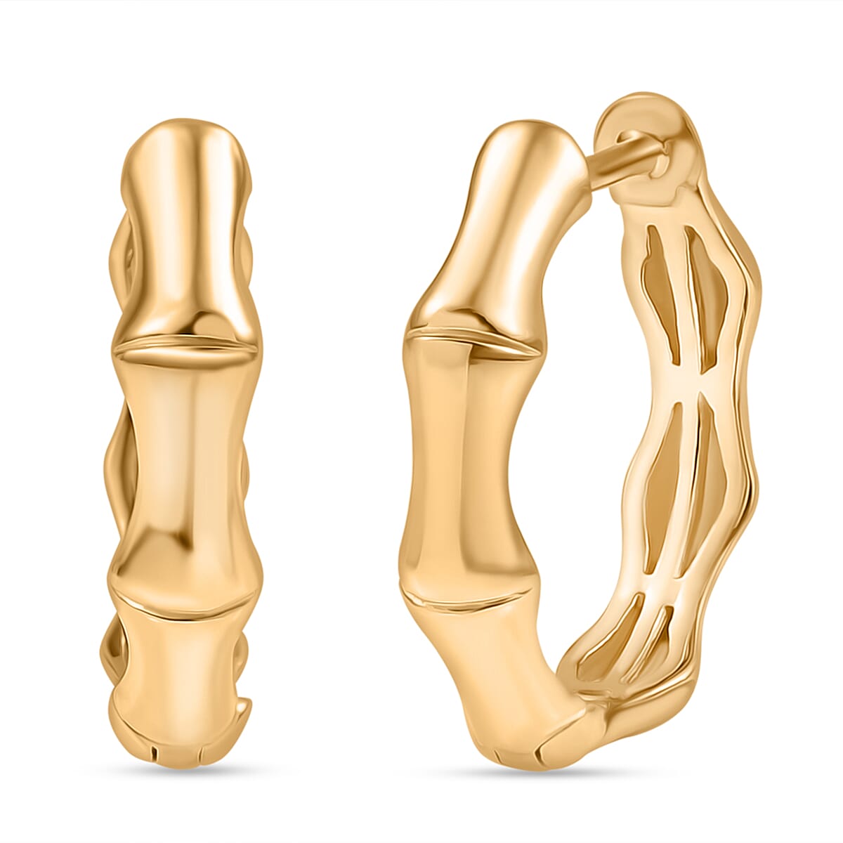 Designer Inspired - Sterling Silver Bamboo Hoop Earring in Yellow Gold Plating
