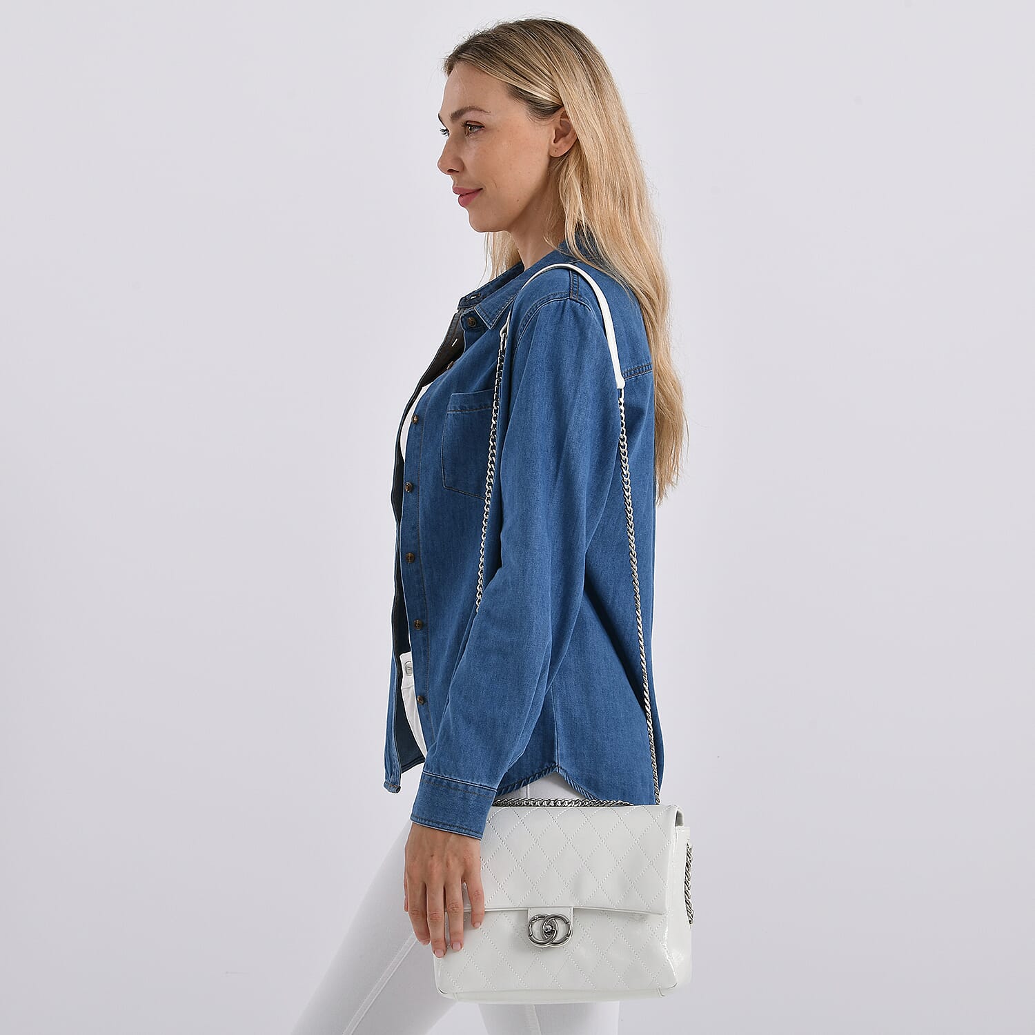 Designer Inspired - 100% Genuine Quilted Leather Crossbody Bag with Chain Strap - White