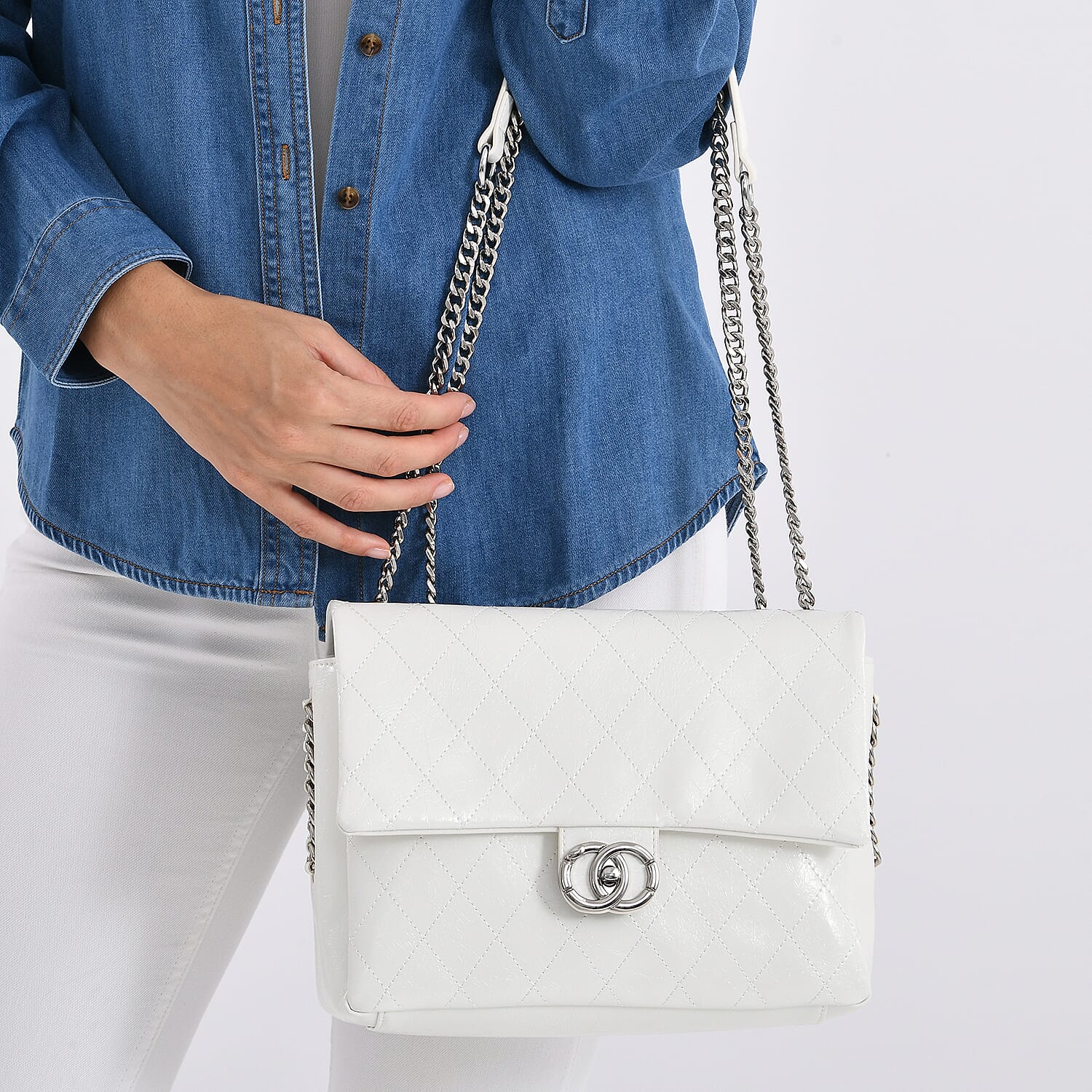 Designer Inspired - 100% Genuine Quilted Leather Crossbody Bag with Chain Strap - White