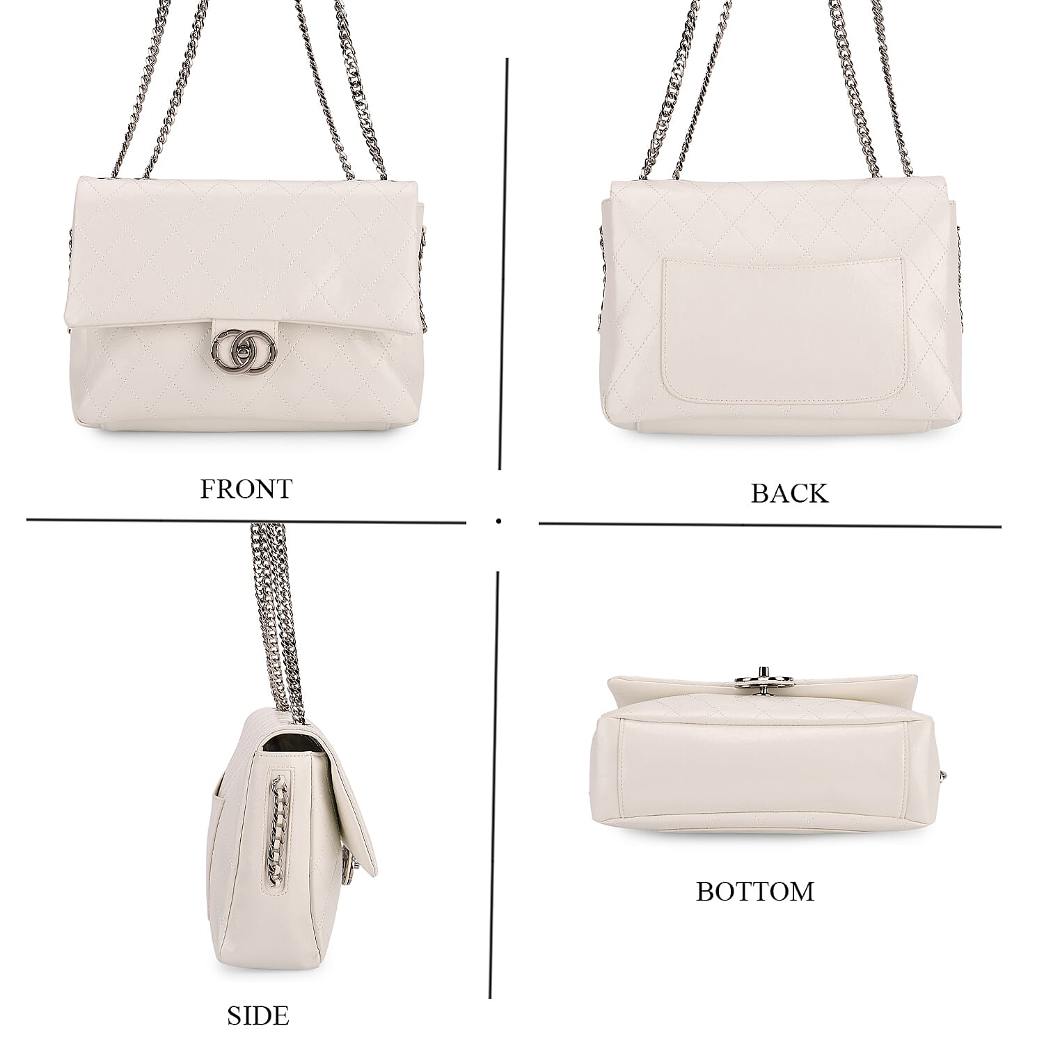 Designer Inspired - 100% Genuine Quilted Leather Crossbody Bag with Chain Strap - White