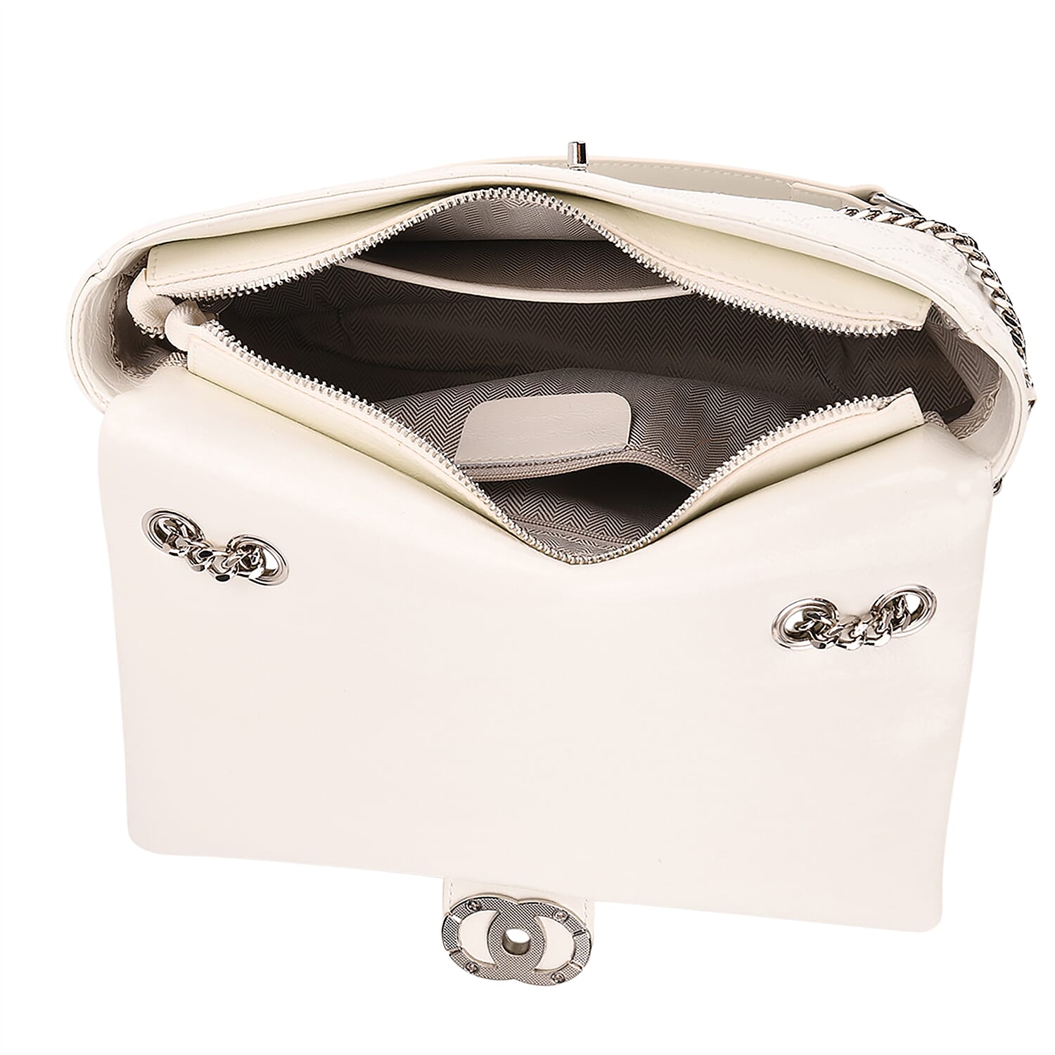 Designer Inspired - 100% Genuine Quilted Leather Crossbody Bag with Chain Strap - White