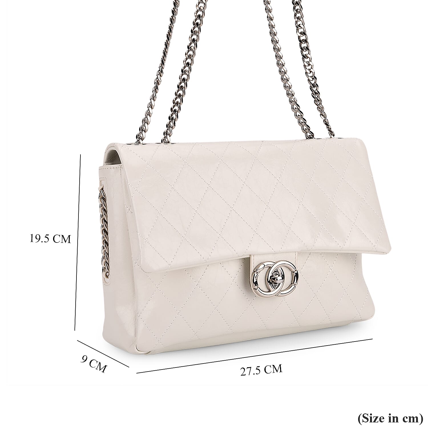 Designer Inspired - 100% Genuine Quilted Leather Crossbody Bag with Chain Strap - White