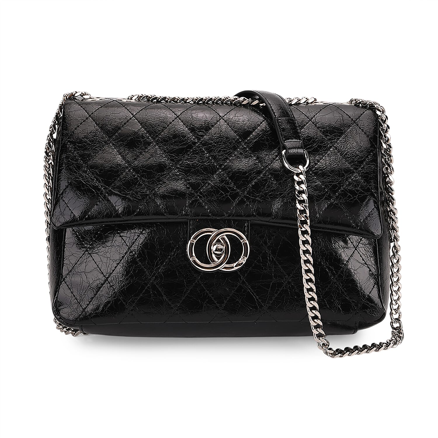 Designer Inspired - 100% Genuine Quilted Leather Crossbody Bag with Chain Strap - Black