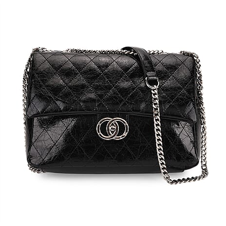 Designer Inspired - 100% Genuine Quilted Leather Crossbody Bag with Chain Strap - Black