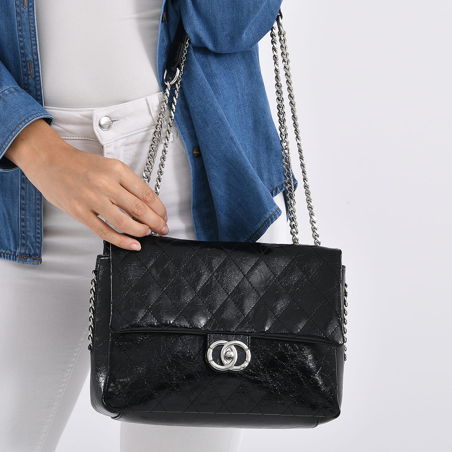 Designer Inspired - 100% Genuine Quilted Leather Crossbody Bag with Chain Strap - Black