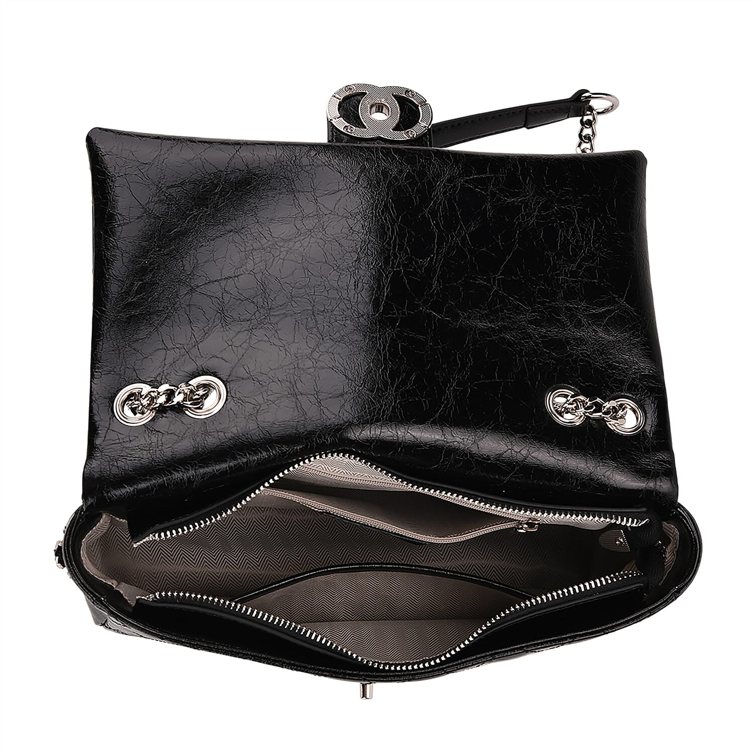 Designer Inspired - 100% Genuine Quilted Leather Crossbody Bag with Chain Strap - Black