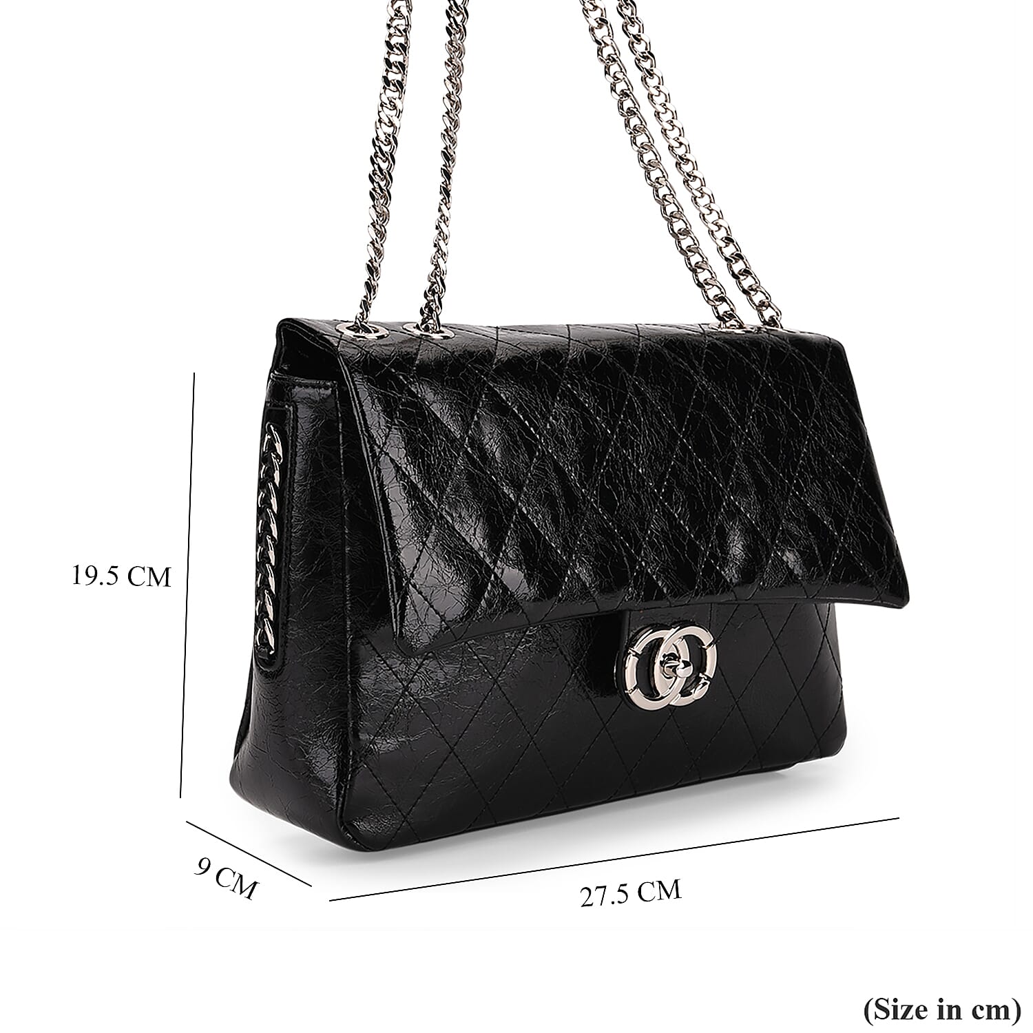 Designer Inspired - 100% Genuine Quilted Leather Crossbody Bag with Chain Strap - Black