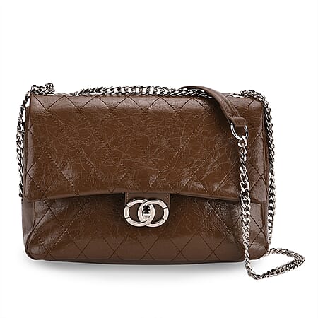 Designer Inspired - 100% Genuine Quilted Leather Crossbody Bag with Chain Strap - Brown