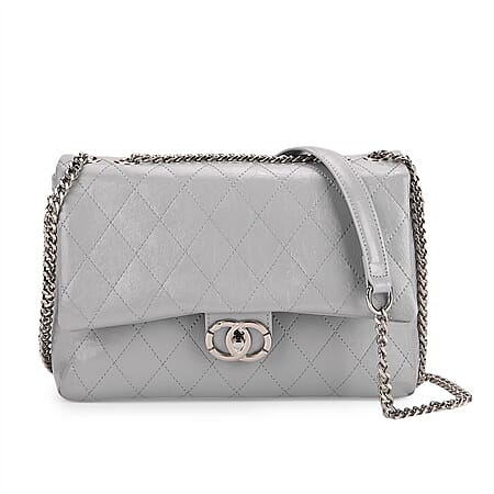 Designer Inspired - 100% Genuine Quilted Leather Crossbody Bag with Chain Strap - Grey