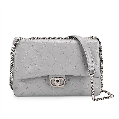Designer Inspired - 100% Genuine Quilted Leather Crossbody Bag with Chain Strap - Grey