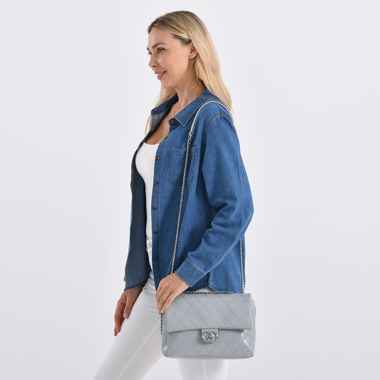 Designer Inspired - 100% Genuine Quilted Leather Crossbody Bag with Chain Strap - Grey