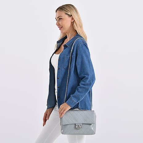 Designer Inspired - 100% Genuine Quilted Leather Crossbody Bag with Chain Strap - Grey