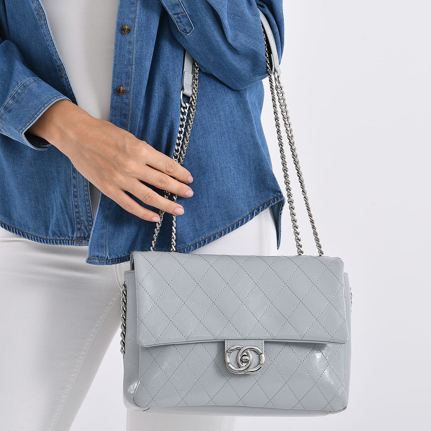 Designer Inspired - 100% Genuine Quilted Leather Crossbody Bag with Chain Strap - Grey
