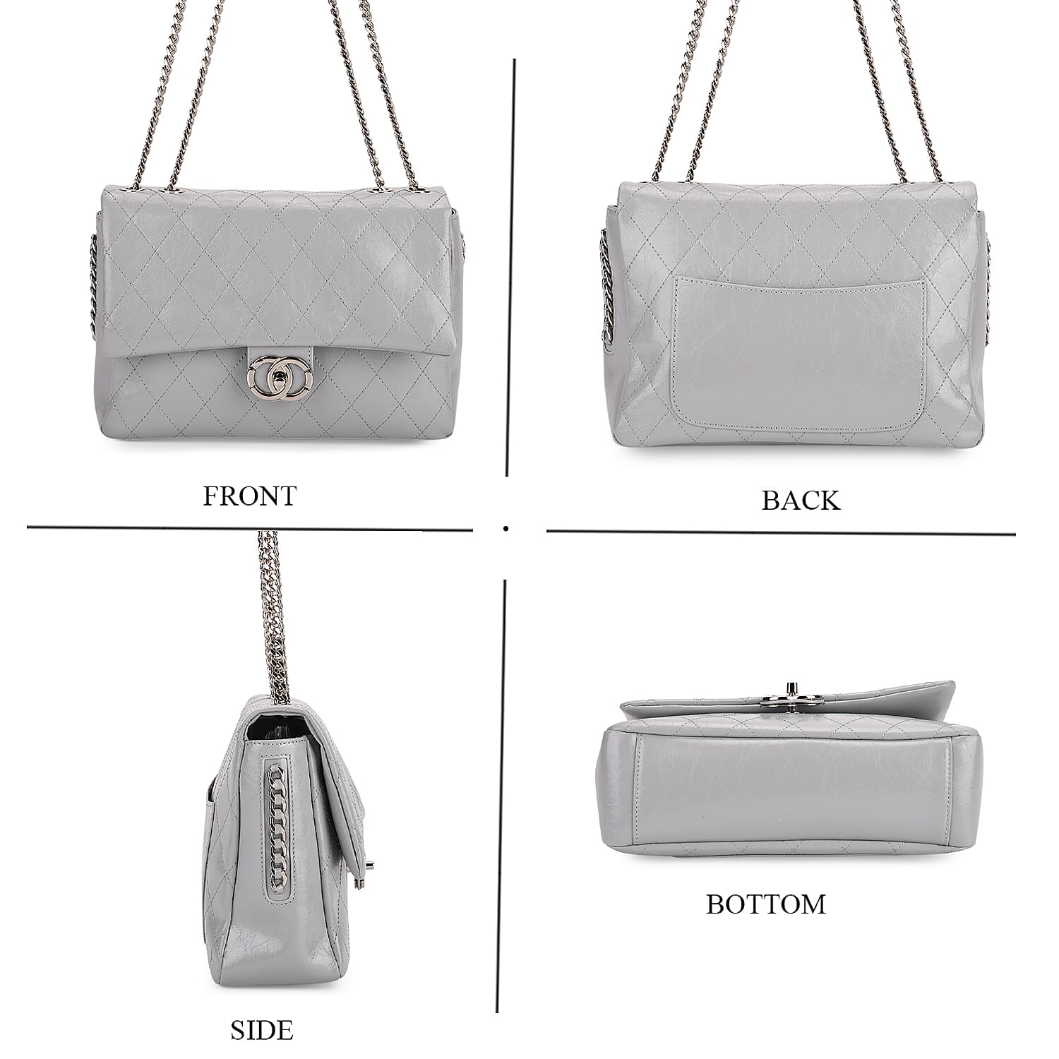 Designer Inspired - 100% Genuine Quilted Leather Crossbody Bag with Chain Strap - Grey