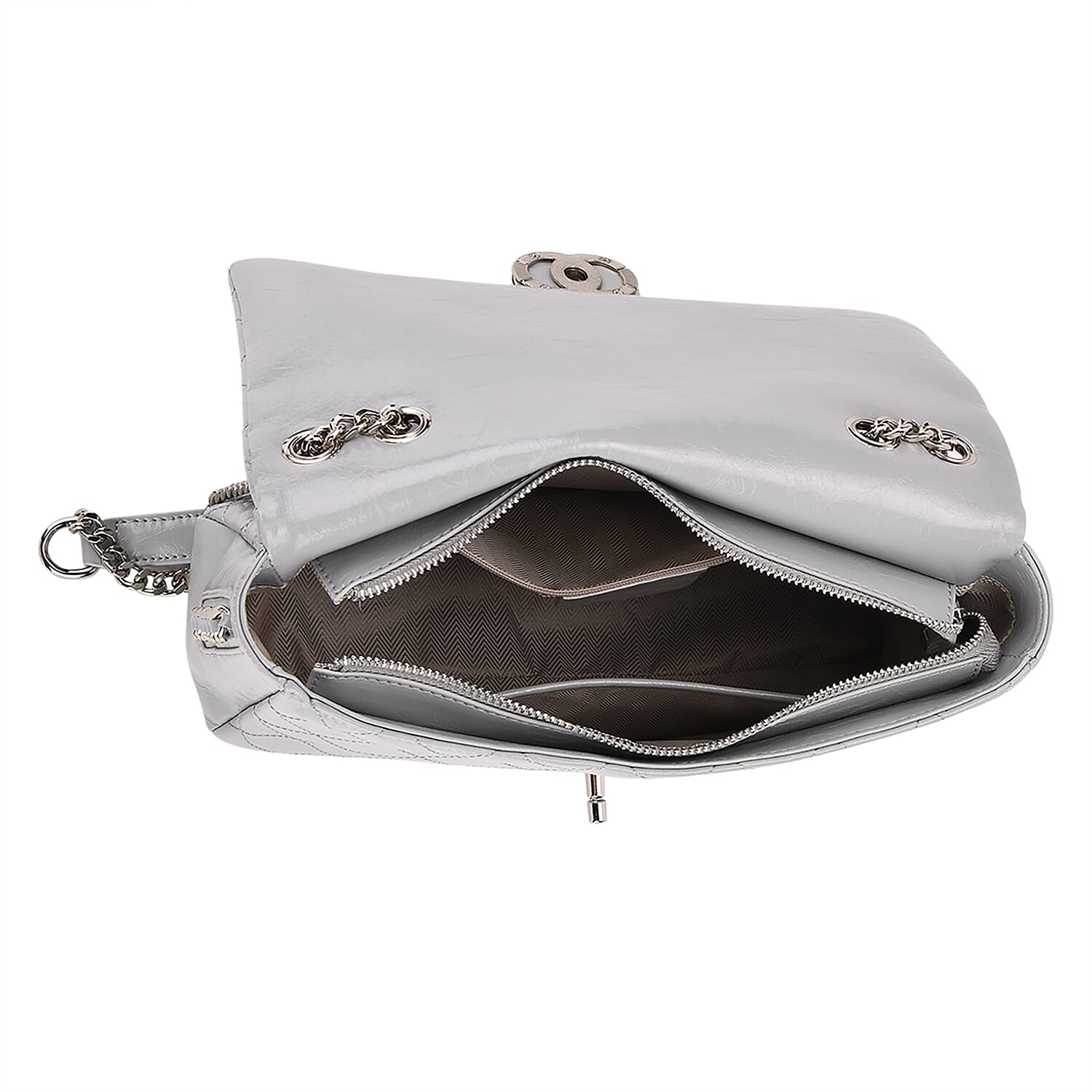 Designer Inspired - 100% Genuine Quilted Leather Crossbody Bag with Chain Strap - Grey