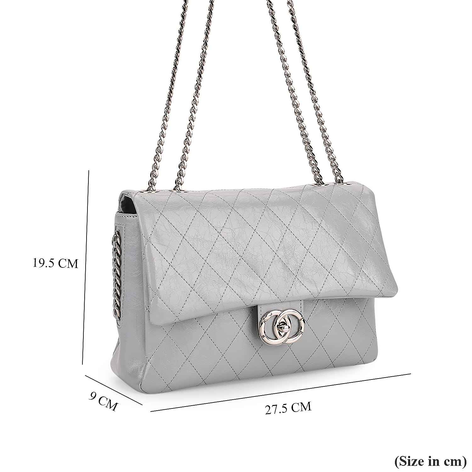 Designer Inspired - 100% Genuine Quilted Leather Crossbody Bag with Chain Strap - Grey