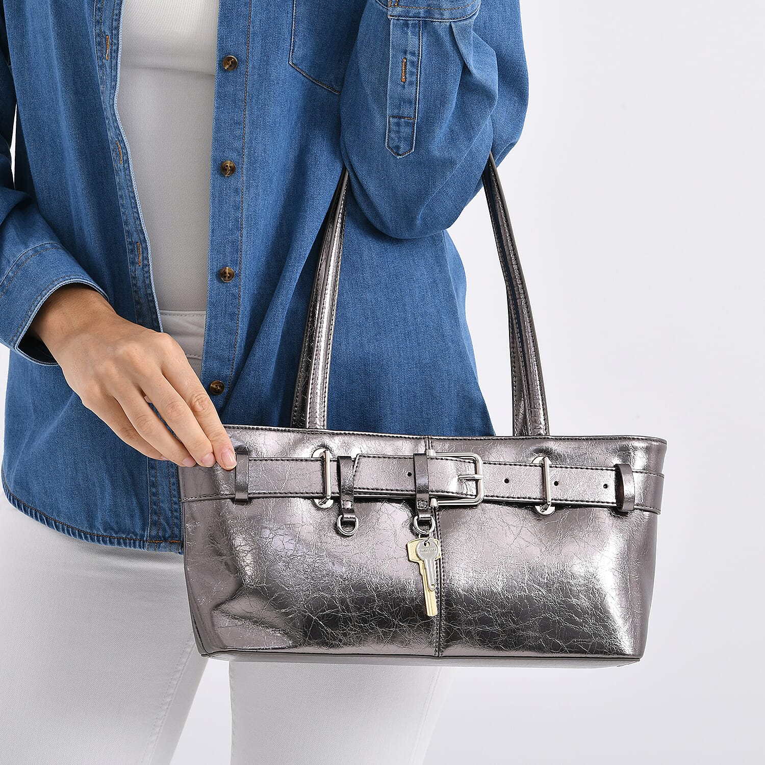 Genuine Leather Belt Buckle Design Rectangular Handbag - Silver