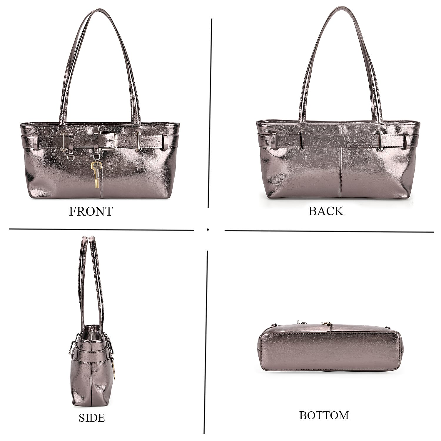 Genuine Leather Belt Buckle Design Rectangular Handbag - Silver