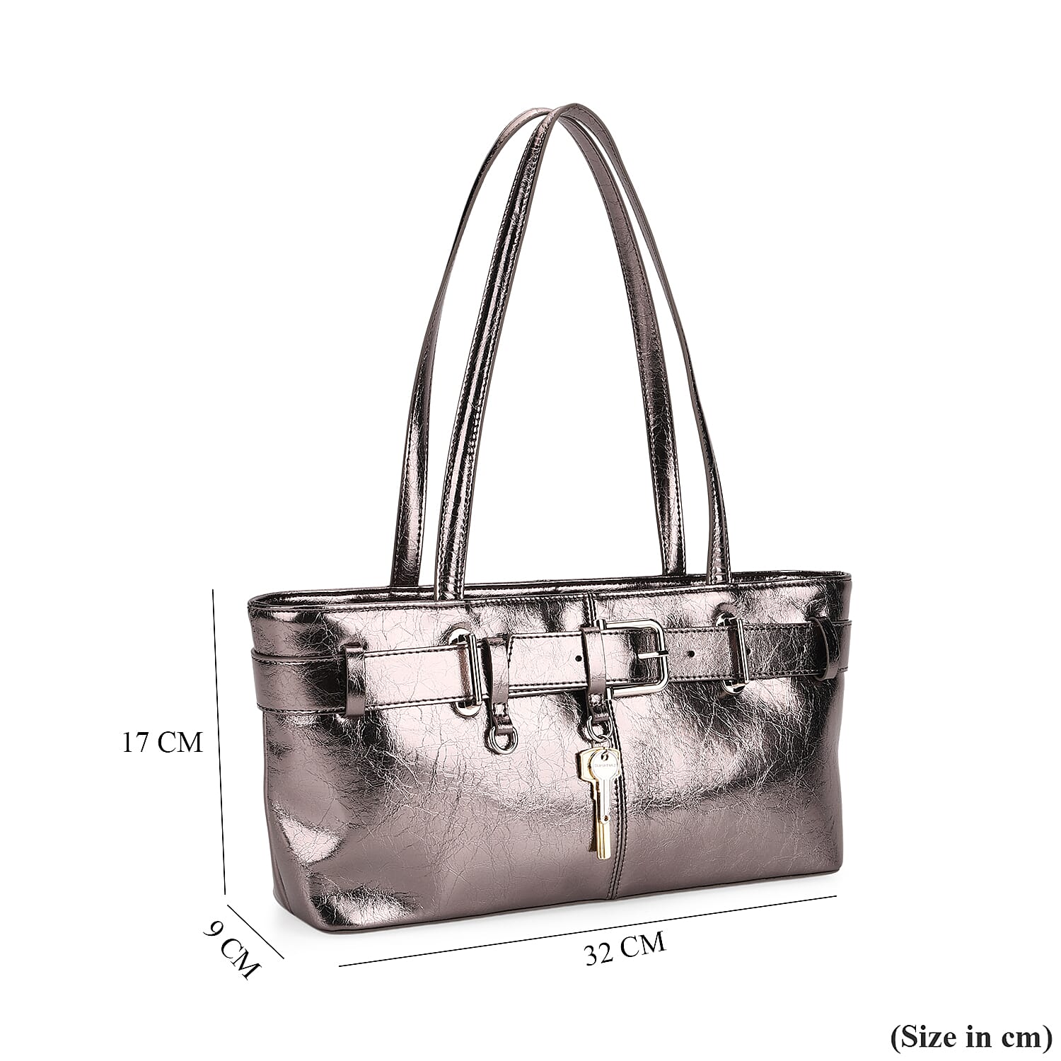 Genuine Leather Belt Buckle Design Rectangular Handbag - Silver