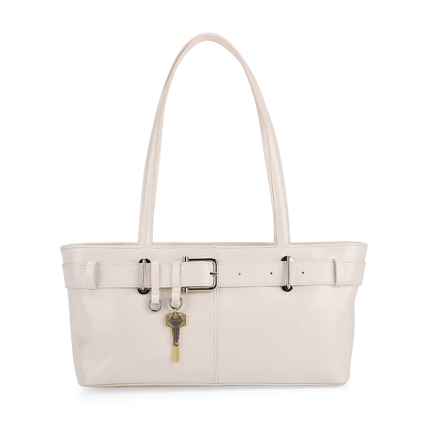 Genuine Leather Belt Buckle Design Rectangular Handbag- White