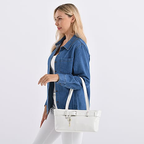 Genuine Leather Belt Buckle Design Rectangular Handbag- White