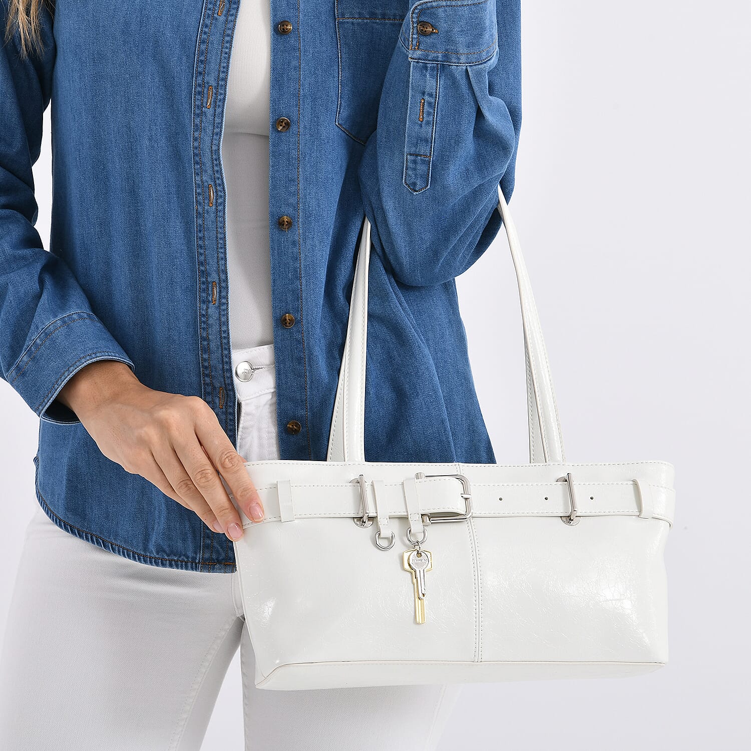 Genuine Leather Belt Buckle Design Rectangular Handbag- White