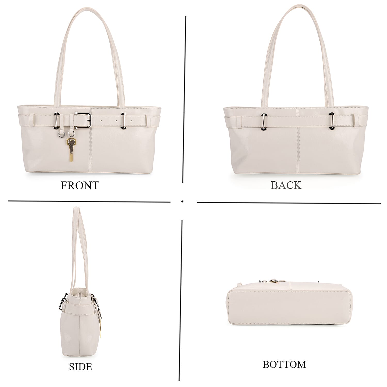 Genuine Leather Belt Buckle Design Rectangular Handbag- White