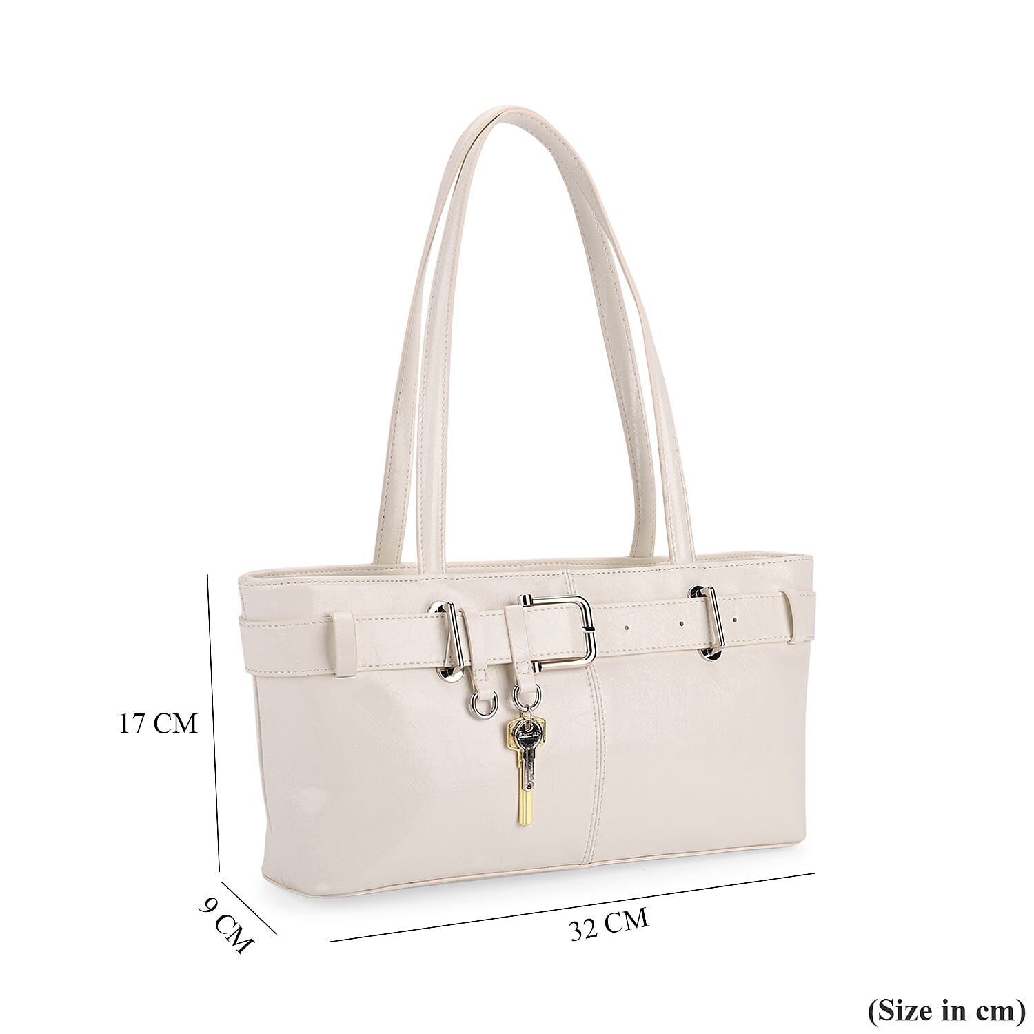 Genuine Leather Belt Buckle Design Rectangular Handbag- White