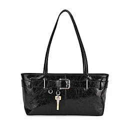 Genuine Leather Belt Buckle Design Rectangular Handbag - Black