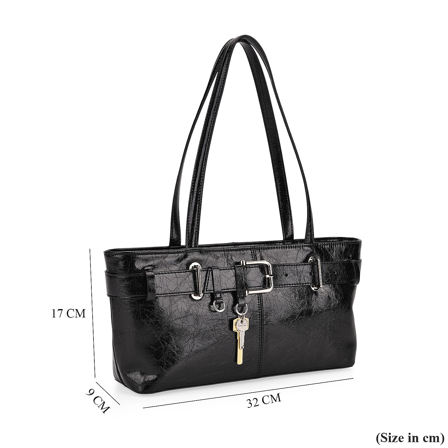 Genuine Leather Belt Buckle Design Rectangular Handbag - Black